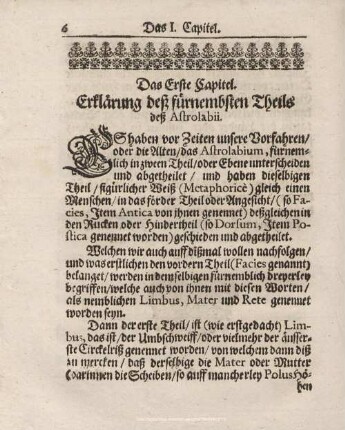 Das Erste Capitel. Erklärung deß fürnembsten Theils deß Astrolabii.