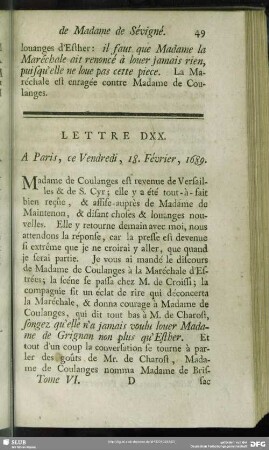 Lettre DXX. A Paris, ce Vendredi, 18. Février, 1689