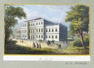 Ansicht vom Neubad in Teplitz, Radierung, 1840 : Neubad, [ca. 1840]. - 1 Kunstblatt : kol. Radierung ; 8,0 x 4,8 cm