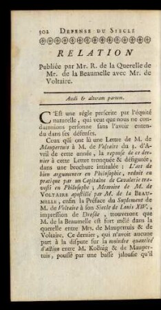 Relation Publiée par Mr. R. de la Querelle de Mr. de la Beaumelle avec Mr. de Voltaire