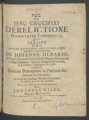 De Jesu Crucifixi Derelictione Dissertatio Theologica