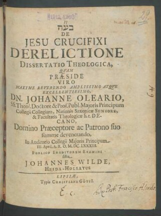 De Jesu Crucifixi Derelictione Dissertatio Theologica