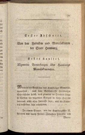 Erstes Kapitel. Allgemeine Bemerkungen über Hamburgs Manufakturwesen.
