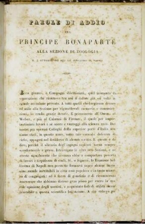 Parole Di Addio Del Principe Bonaparte Alla Sezione Di Zoologia : Il 3 Ottobre 1845 Nel Vii Congresso In Napoli
