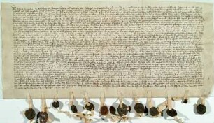 Eich: Gerichtliche Uffgabe in Gegenwart Friedrichs v. Montfort, Amsel Kranch Lynningen, Helfrich v. Ingelnheim und Holzappel v. Spachbrücken Ritte...