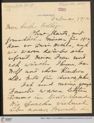 Briefe von William Wallace Campbell an Max Wolf: Brief von William Wallace Campbell an Max Wolf