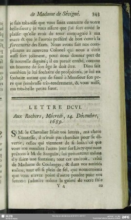 Lettre DCVI. Aux Rochers, Mécredi, 14. Décembre, 1689