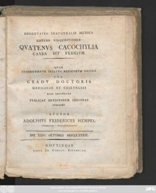 Dissertatio Inavgvralis Medica Sistens Disqvisitionem Qvatenus Cacochylia Cavsa Sit Febrivm