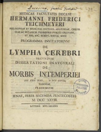 Programma invitatorium De lympha cerebri secundum dissertationi inaugurali De morbis intemperiei