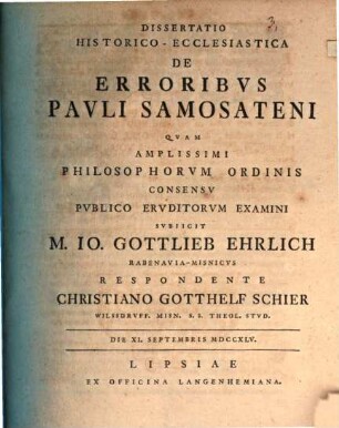 Dissertatio Historico-Ecclesiastica De Erroribvs Pavli Samosateni