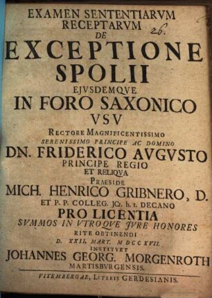 Examen sententiarum receptarum de exceptione spolii, ejusdemque in foro Saxonico vsv