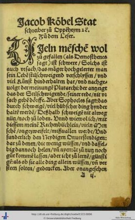 Jacob Köbel Stat schreiber zuo Oppenheym Zuo dem Leser