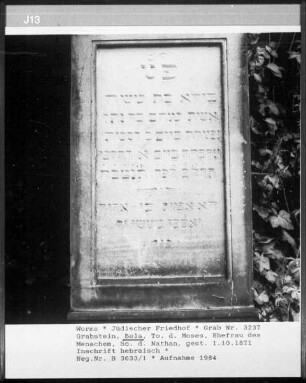 Grabstein der Bela, Tochter des Moses, Ehefrau des Menachem, Sohn des Nathan (gestorben 1871.10.01)