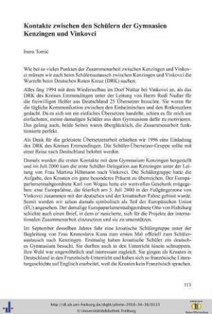 Kontakte zwischen den Schülern der Gymnasien Kenzingen und Vinkovci