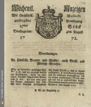 27tes Stueck, Dienstags den 4ten August 1772