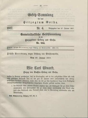6. Höchste Verordnung wegen Löschung von Strafvermerken. Vom 27. Januar 1917