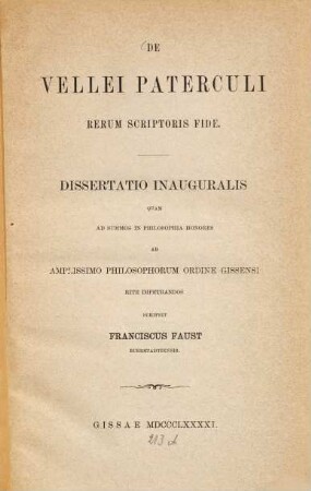 De Vellei Paterculi rerum scriptoris fide : Diss. inaug.