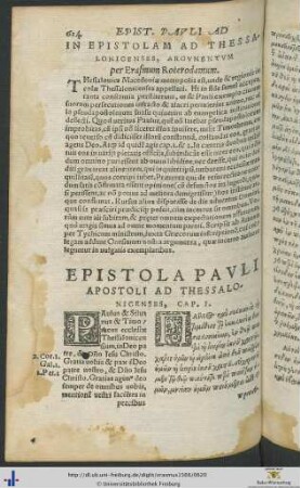 IN EPISTOLAM AD THESSALONICENSES ARGUMENTUM per Erasmum Roterodamum