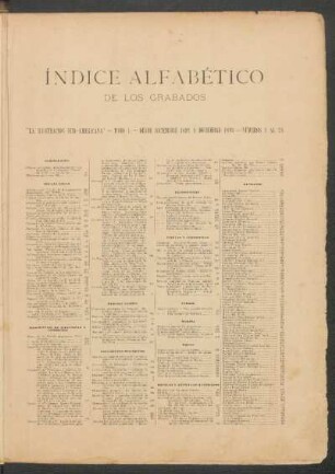Índice alfabético de los grabados : "La ilustración sud-americana" - Tomo I. - Desde diciembre 1892 á diciembre 1893 - Números 1 al 24