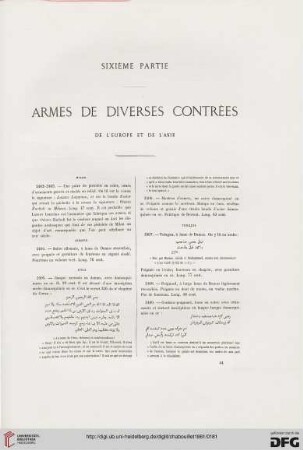 Sixième partie: Armes de diverses contrées de l'Europe et de l'Asie