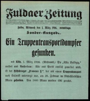 Erste Ausgabe vom Mittwoch, den 01. März 1916.