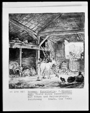 Diele eines Bauernhauses mit Kühen und Reitergruppe