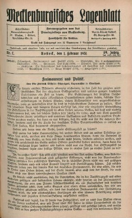 Nr. 7. Rostock, den 1. Februar 1931. 59. Jahrg.