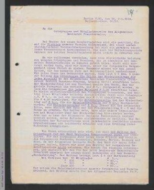 Rundschreiben von Dorothee von Velsen und Mathilde Drechsler an die Ortsgruppen und Mitgliedsvereine des ADF