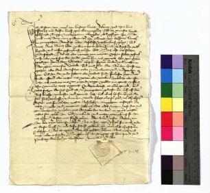 1450 Juni 29 (Mo, St. Peter und Paul) Bastian von Weil (Weyl), ein Kürschnerknecht (kürsenerknecht), gefangengestzt von Albrecht von Gebsattel, Komtur zu Mergentheim, weil er Meister Konrad Goltsmydt, Bürger zu Mergentheim, überfallen und geschlagen hatte, schwört Urfehde. Sr.: Junker Dietz von der Kere Ausf. Pap. - 1 Pap.-Sg. - Rv.