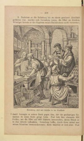 Gutenberg, Fust und Schöffer in der Werkstatt.