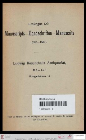 Nr. 120: Catalogue: Manuscripts - Handschriften - Manuscrits (800 - 1500)