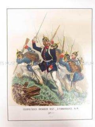 Uniformdarstellung, Offizier und Mannschaft des Colbergsches Grenadier-Regiments "Graf Gneisenau" (2. Pommersches) Nr. 9 im Angriff, Preußen, 1864. Tafel 38 aus: Schindler: Militair-Album.