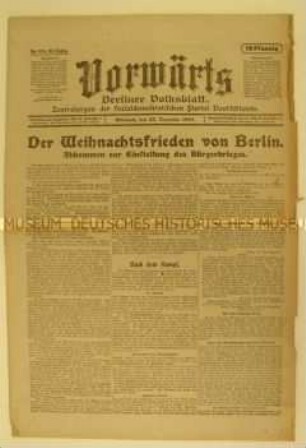 Zentralorgan der SPD "Vorwärts" zum Ende der revolutionären Weihnachtskämpfe in Berlin
