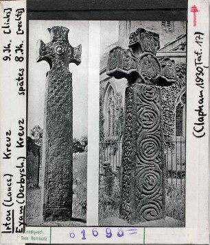 Irton (Lancastershire) Kreuz, 9. Jhd. (links). Eyam (Derbyshire), Kreuz, spätes 8. Jhd. (rechts)