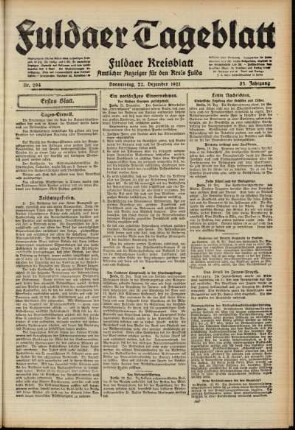 Erste Ausgabe vom Donnerstag, den 22. Dezember 1921.