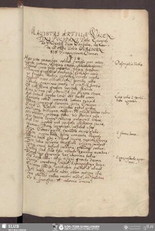 Magistri Artium Valentini Polidani Poëtæ Laureati ad Prudentiss: duos Consules, de Laude & cultu Urbis Gorlicensis Panegyricum Carmen