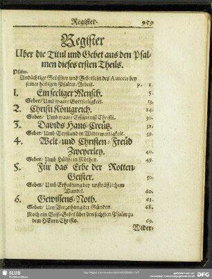 Register Uber die Titul und Gebet aus den Psalmen dieses ersten Theils
