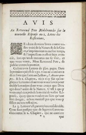 Avis Au Reverend Pere Malebranche sur la nióuvelle Réponse au 1. Livre des Reflexions.