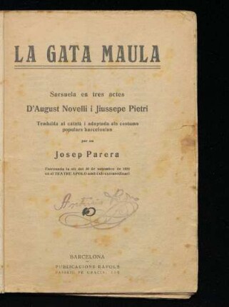 La gata maula : sarsuela en tres actes