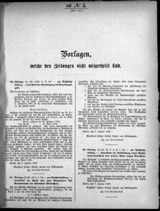 Anlage: ad No.5 (50-61.), Vorlagen, welche den Zeitungen nicht mitgeteilt sind