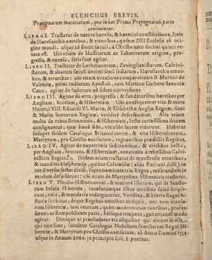 Elenchus Brevis. Praecipuarum materiarum, quae in hac Prima Propugnaculi parte continentur.