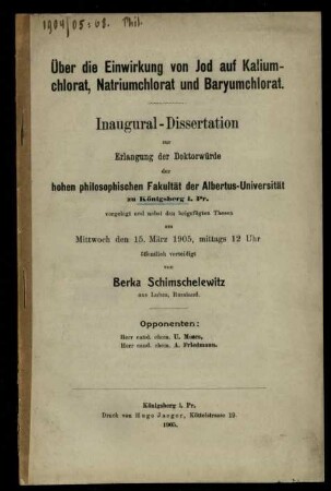 Über die Einwirkung von Jod auf Kaliumchlorat, Natriumchlorat und Baryumchlorat