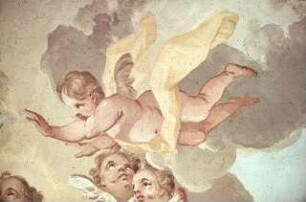 Auf Wolken knieender Heiliger, von Engeln umgeben