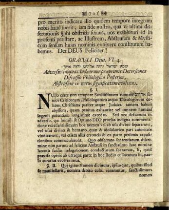 Oraculi Deut. VI. 4. §. I. - §. XXIV.