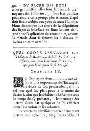 Qvel Ordre Tiennent Les Habitans de Reims pour disposer les chose necessaires, [...] Chapitre IV.