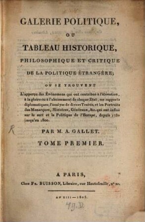 Galerie politique, ou tableau historique, philosophique de la politique étrangère; ou se trouvent, 1