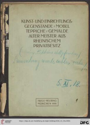 Antiquitäten, Kunst- und Einrichtungs-Gegenstände, Skulpturen, Möbel, orientalische Teppiche, Gemälde alter und moderner Meister aus rheinischem Privatbesitz : Versteigerung in der Galerie Helbing in München, 24. Oktober und folgende Tage