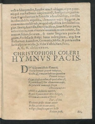 Christophori Coleri Hymnus Pacis.