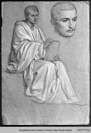 Studien für: "Die mystische Hochzeit der heiligen Katharina von Siena" in der Camera di Santa Caterina, Siena: Kopfstudie, Sitzfigur