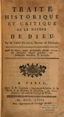 Traité historique et critique de la nature de Dieu